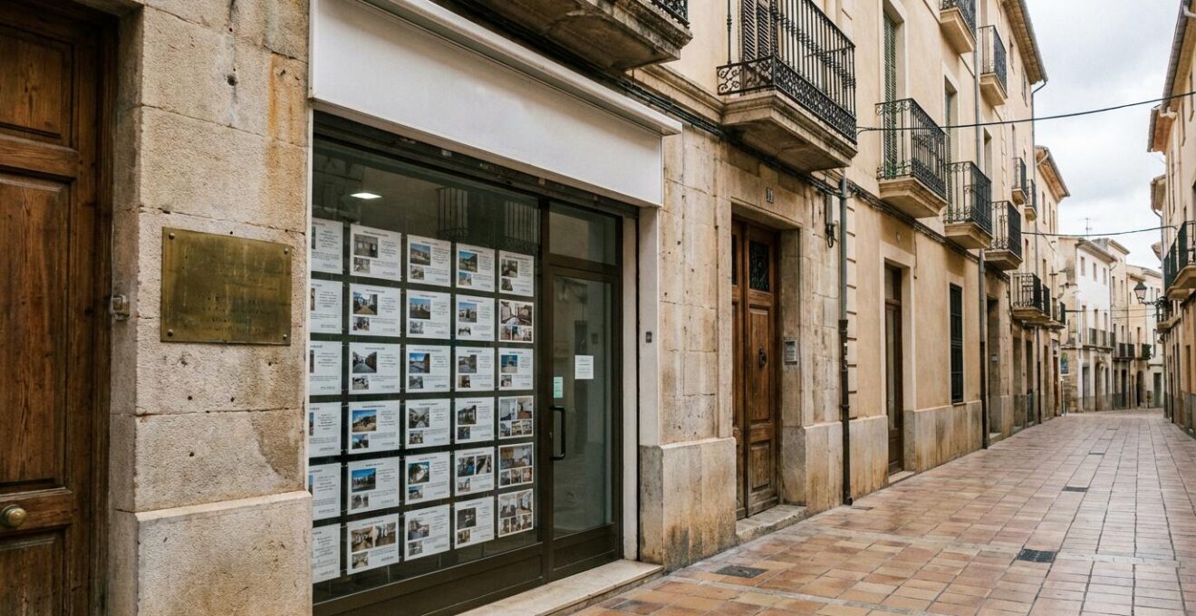 Fachada de agencia inmobiliaria en calle comercial española mostrando escaparate con anuncios de propiedades