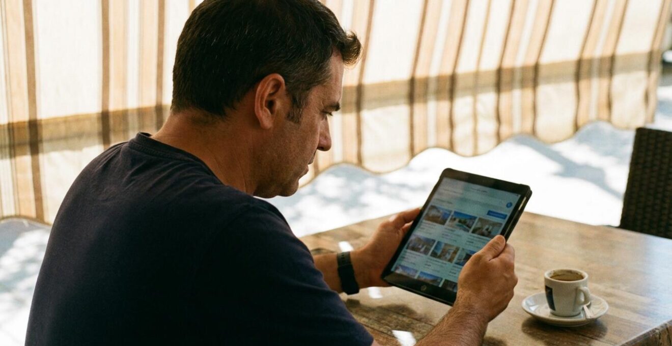Hombre español consultando comparador de agentes inmobiliarios en tablet desde terraza de café