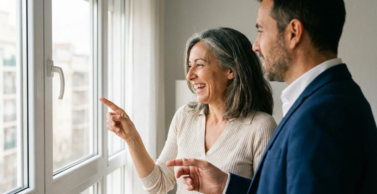 Propietaria española conversando con agente inmobiliario en salón luminoso durante valoración de vivienda