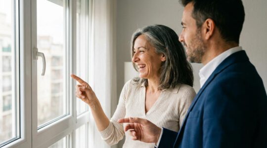 Propietaria española conversando con agente inmobiliario en salón luminoso durante valoración de vivienda