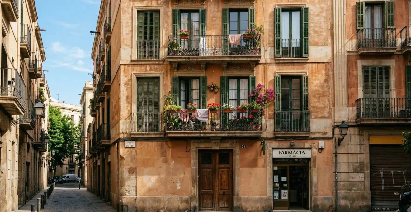 Fachada de un edificio residencial típico español con balcones de hierro forjado y persianas en una calle urbana durante el día