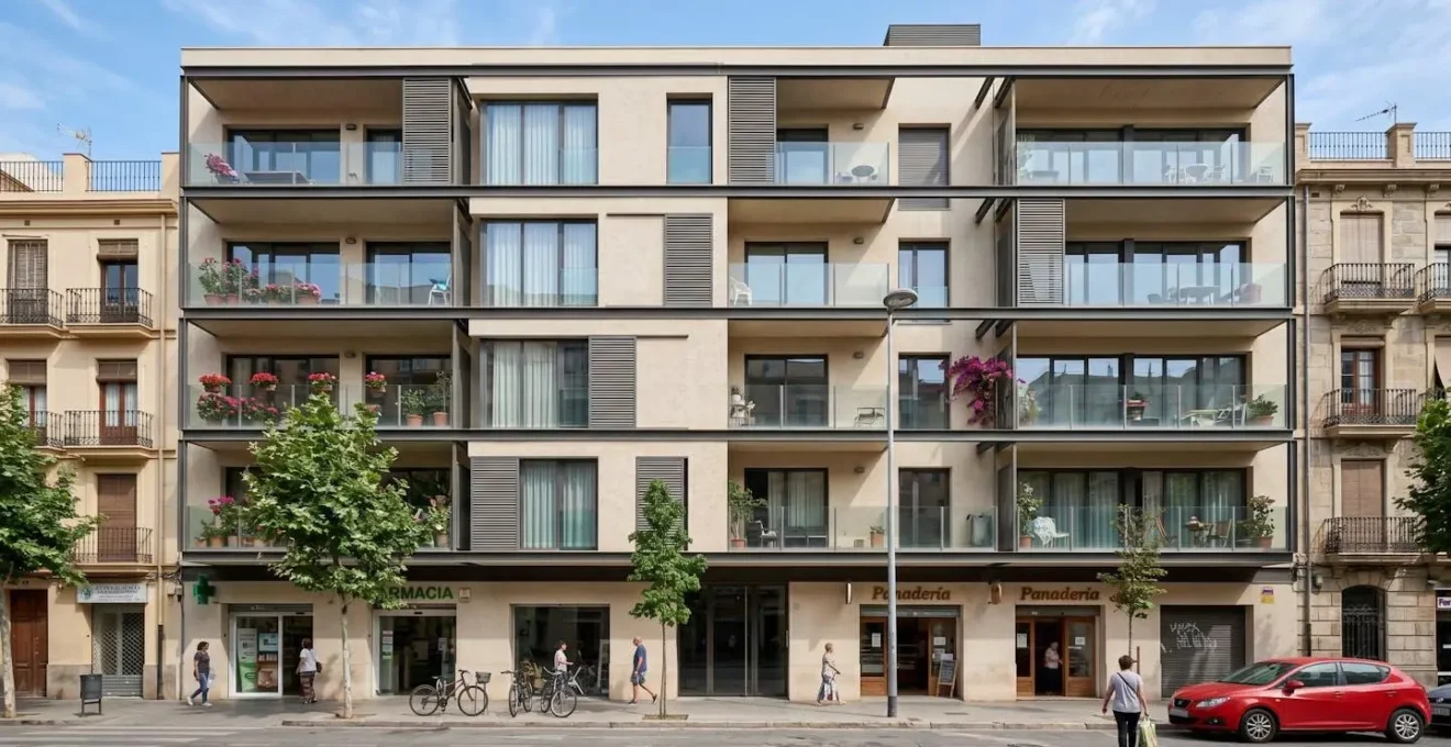 Fachada de un edificio residencial moderno español con balcones de cristal, arquitectura contemporánea y cielo azul