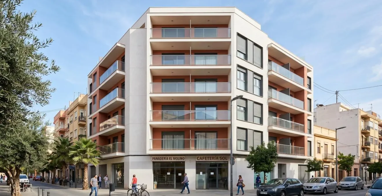 Fachada de un edificio residencial moderno español con balcones de cristal, arquitectura contemporánea y cielo azul
