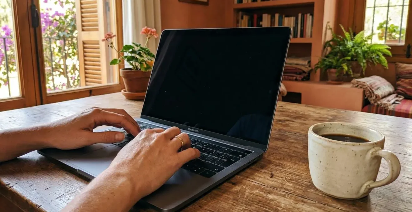 Detalle de manos sobre el teclado de un ordenador portátil junto a una taza de café en un ambiente de trabajo doméstico luminoso