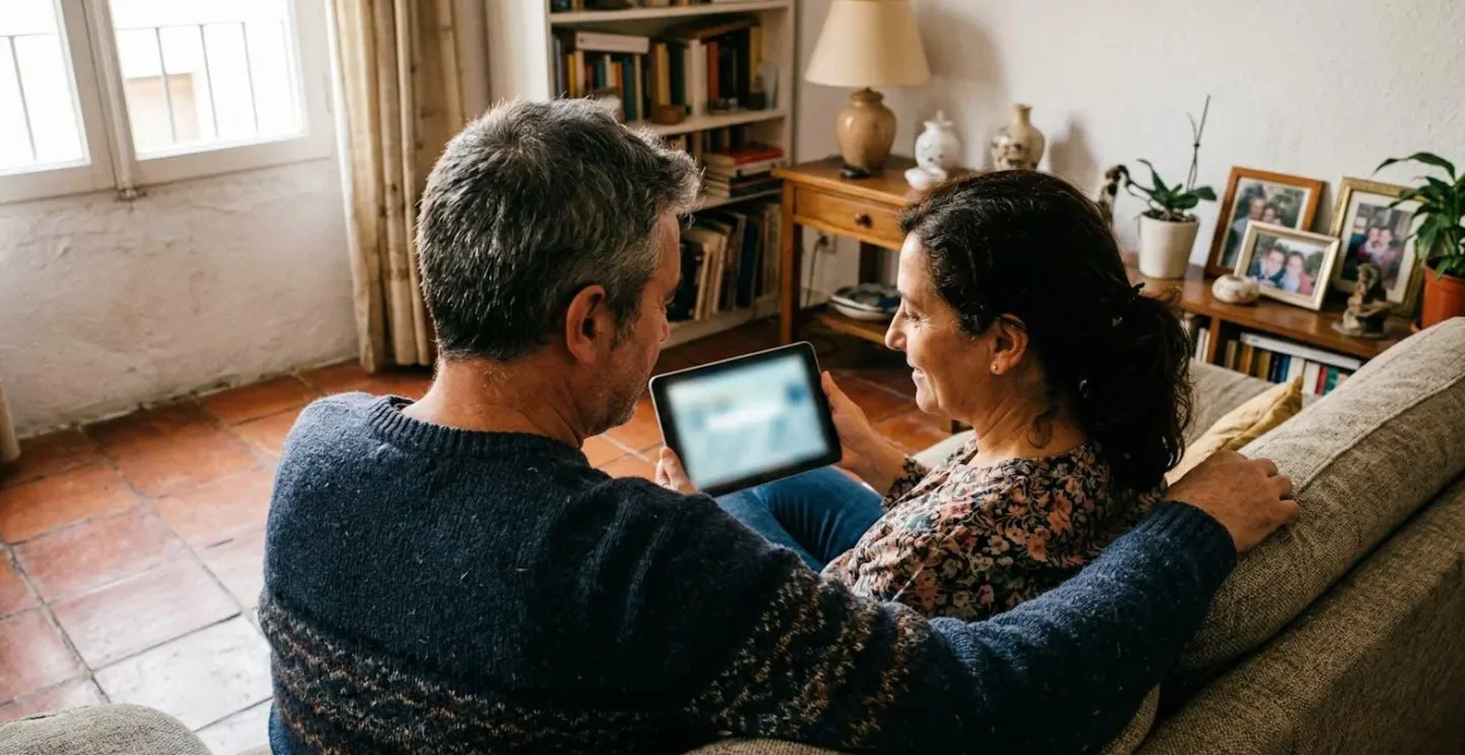 Una pareja de mediana edad sentada en el sofá de un salón con decoración española analiza información en una tablet con expresión reflexiva