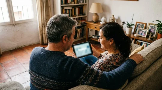 Una pareja de mediana edad sentada en el sofá de un salón con decoración española analiza información en una tablet con expresión reflexiva