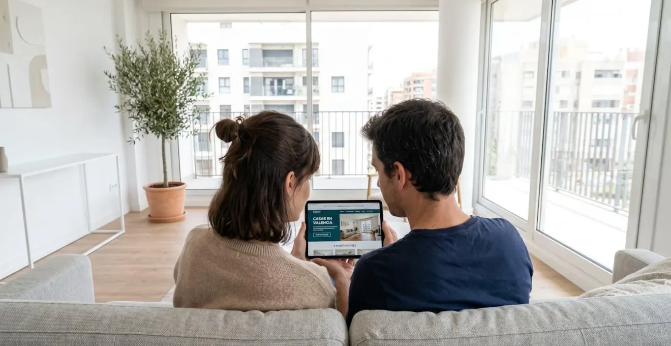 Una pareja joven vista desde atrás consultando una tablet juntos en un sofá moderno con grandes ventanales