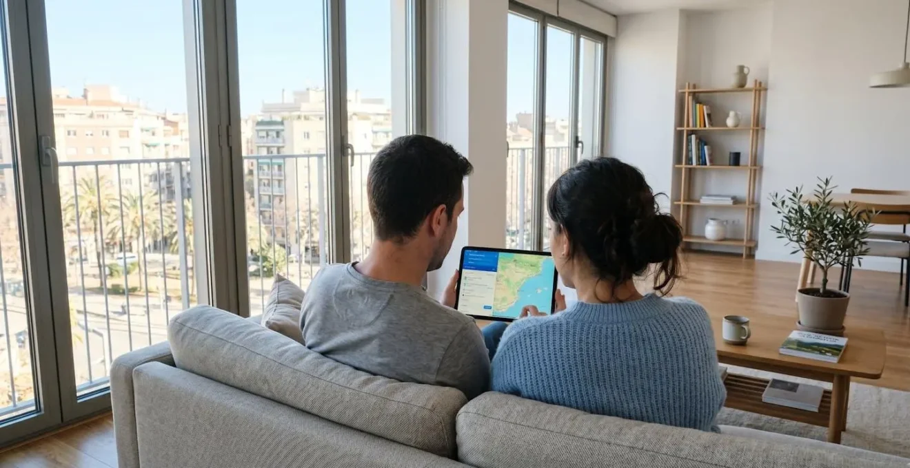 Una pareja joven vista desde atrás consultando una tablet juntos en un sofá moderno con grandes ventanales