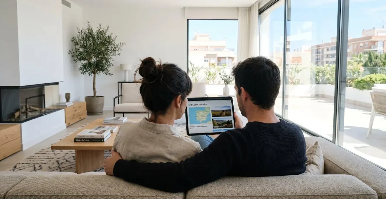 Una pareja joven vista desde atrás consultando una tablet juntos en un sofá moderno con grandes ventanales
