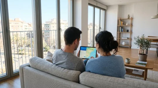 Una pareja joven vista desde atrás consultando una tablet juntos en un sofá moderno con grandes ventanales
