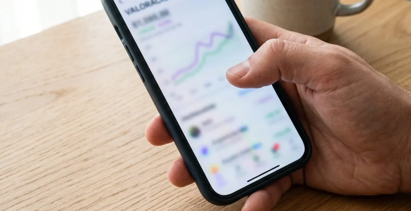 Primer plano de una mano sosteniendo un smartphone moderno mostrando una pantalla con gráfico de evolución de precios completamente difuminado