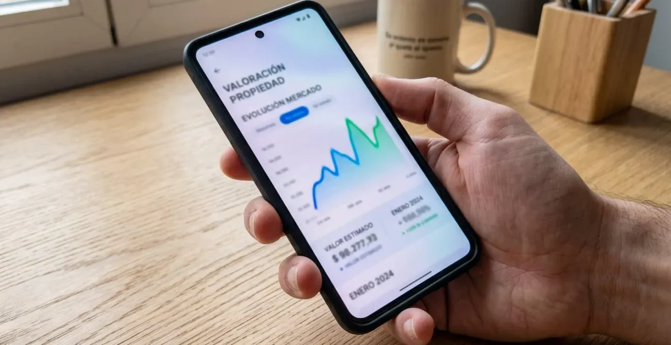 Primer plano de una mano sosteniendo un smartphone moderno mostrando una pantalla con gráfico de evolución de precios completamente difuminado