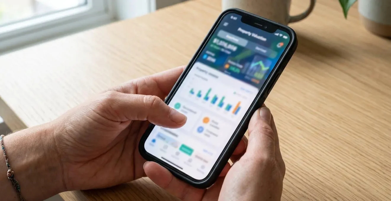 Primer plano de una mano sosteniendo un smartphone moderno mostrando una pantalla con gráfico de evolución de precios completamente difuminado